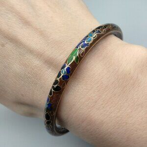 Cloisonné Enamel Hand Painted Floral Flower Brown Bangle Bracelet Vintage 1970's